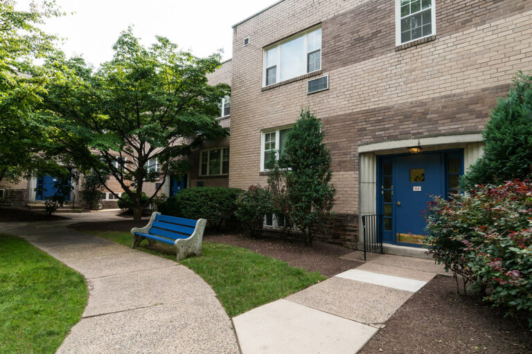 The Metropolitan Bala Cynwyd exterior building entrance and bench